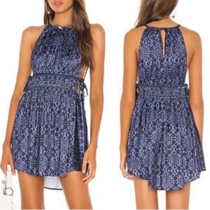 Free People Midsummer Day Boho Festival Mini Dress Halter Side Tie Blue Small